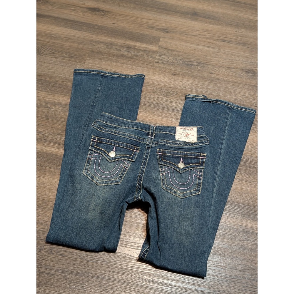 True Religion Joey Mid Rise Flare Jeans Blue Denim Pink Stitch Size 28